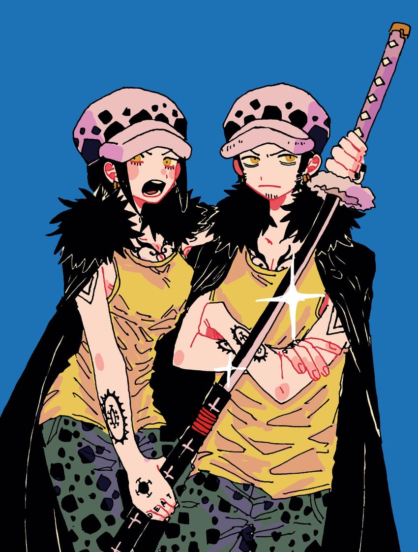 trafalgar law and law-chan (one piece) drawn by maeda_(crast_1)