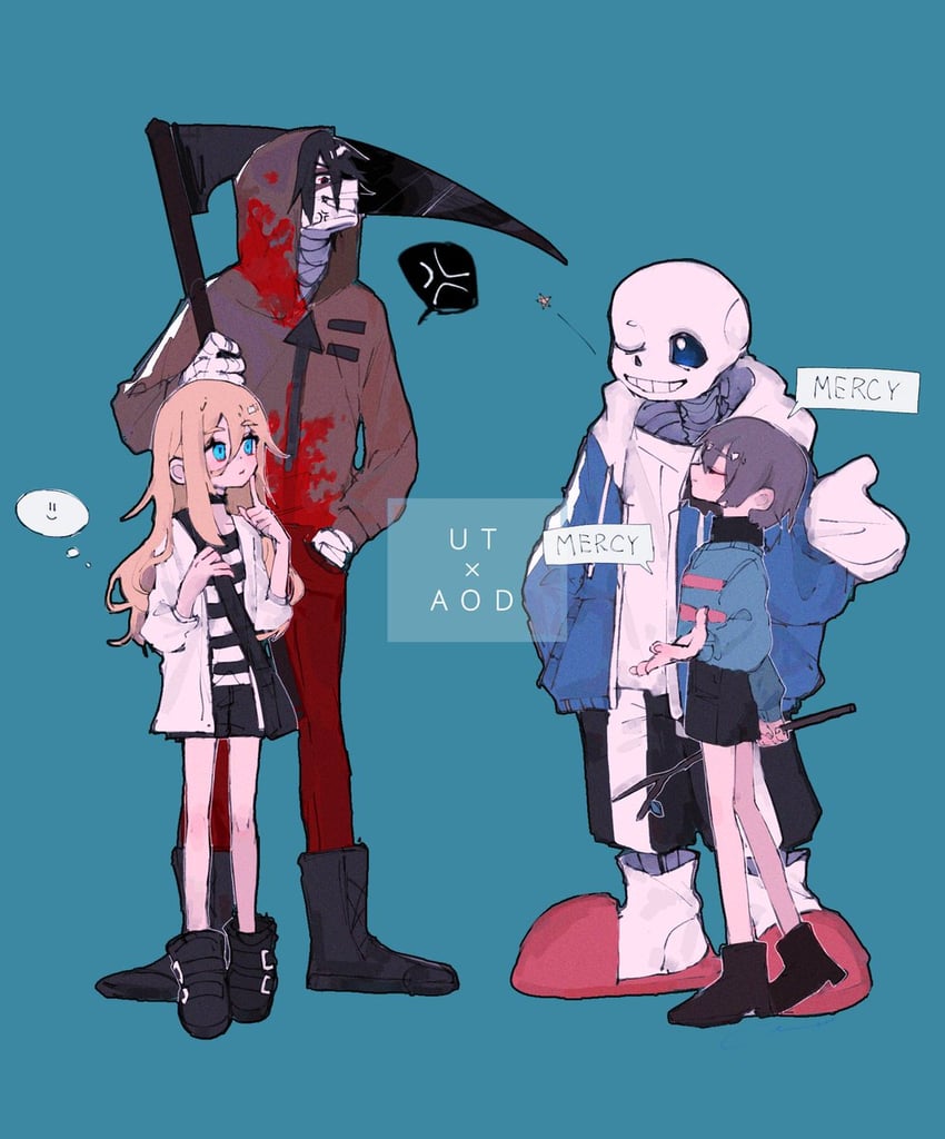 frisk, sans, rachel gardner, and isaac foster (undertale and 1 more) drawn by ao_62