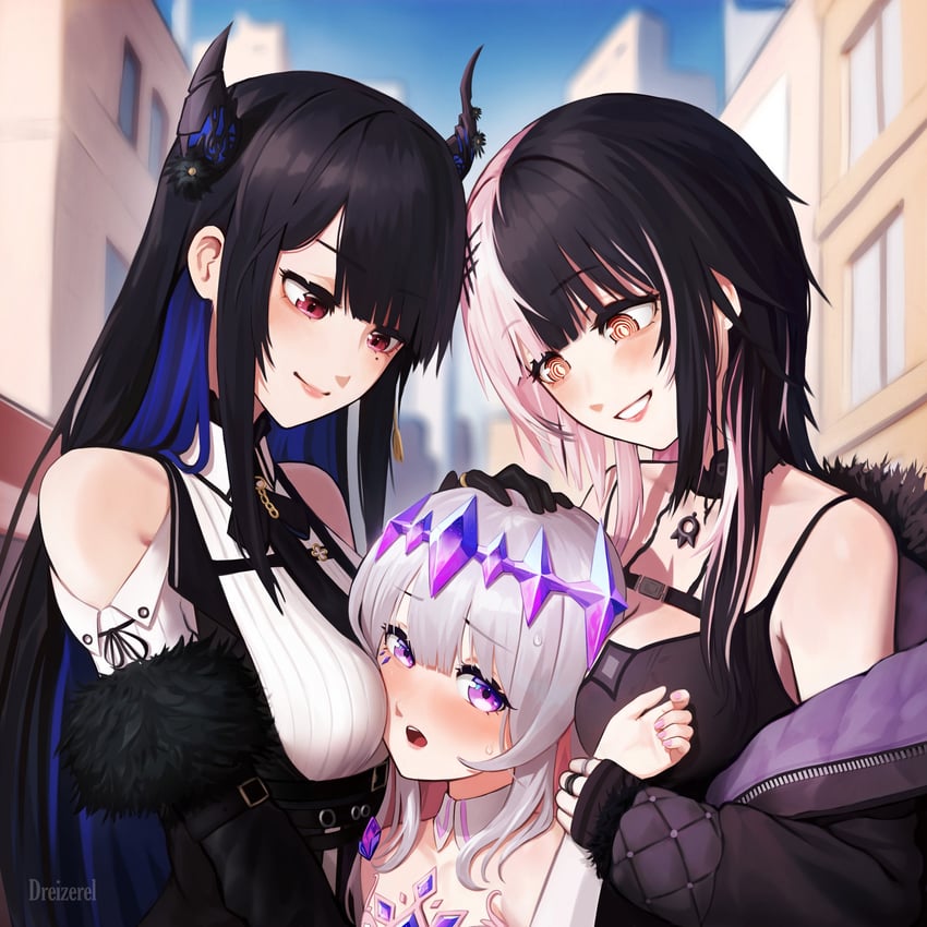 shiori novella, nerissa ravencroft, and koseki bijou (hololive and 1 more) drawn by dreizerel