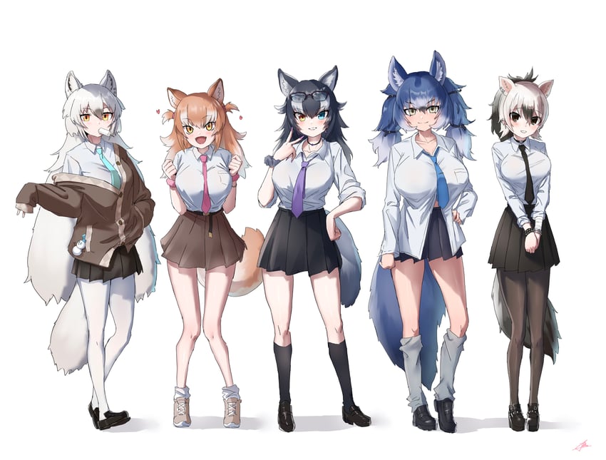 grey wolf, dire wolf, aardwolf, japanese wolf, and arctic wolf (kemono friends) drawn by mogurii