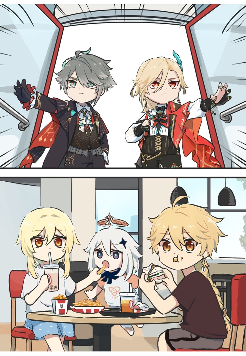 lumine, aether, paimon, alhaitham, and kaveh (genshin impact and 1 more) drawn by xinzoruo