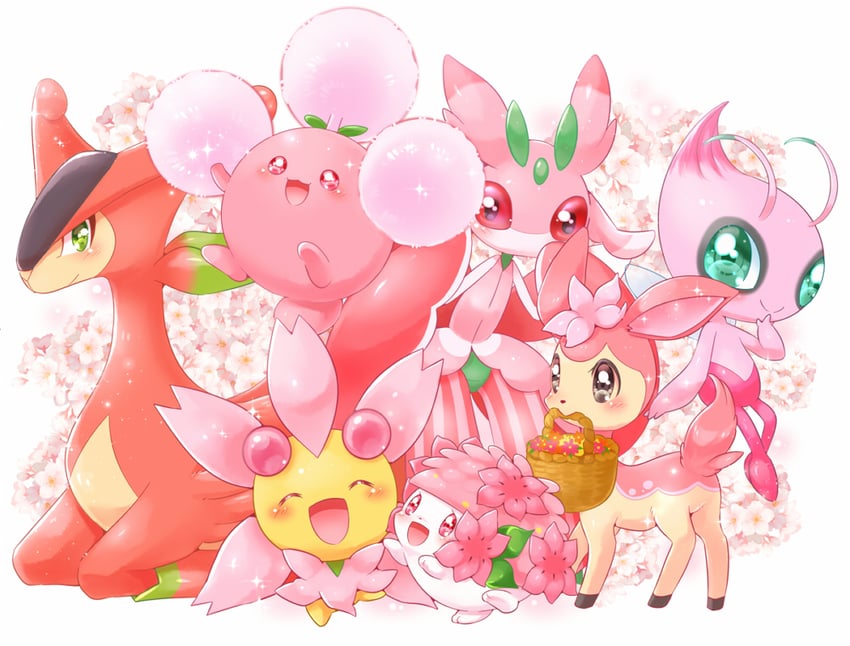 celebi, shaymin, jumpluff, lurantis, deerling, and 2 more (pokemon) drawn by aimi_(aimia492)