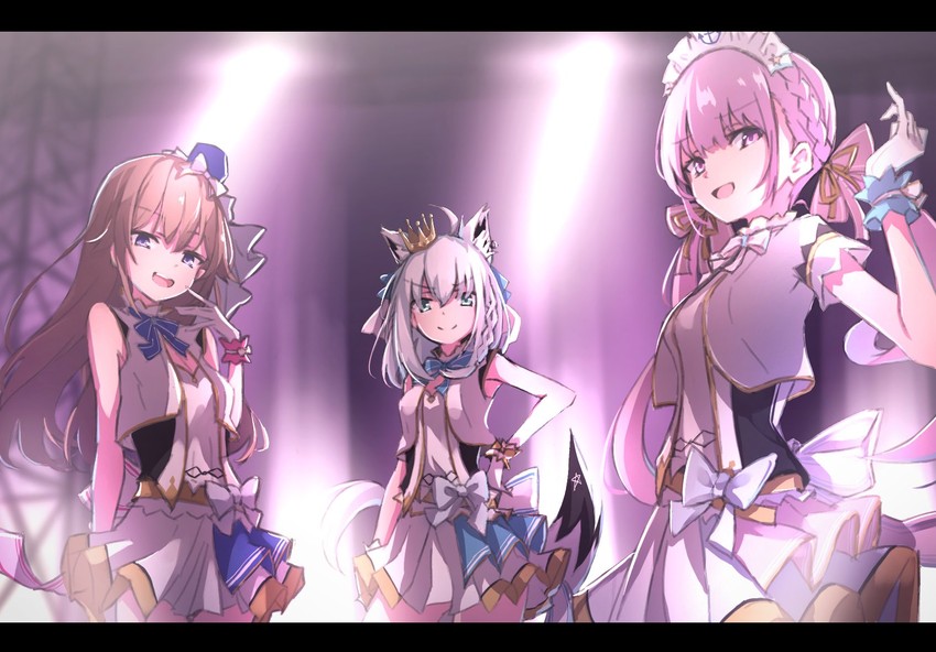 shirakami fubuki, minato aqua, and tokino sora (hololive) drawn by memimemutyu