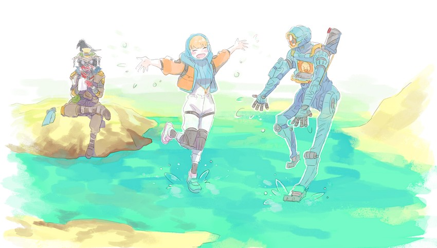 wattson, bloodhound, and pathfinder (apex legends) drawn by mizu_cx