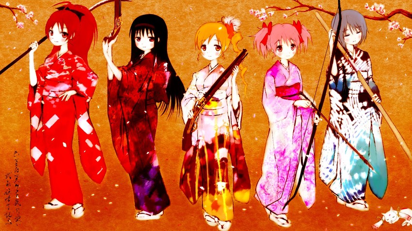 akemi homura, kaname madoka, miki sayaka, sakura kyoko, tomoe mami, and 1 more (mahou shoujo madoka magica) drawn by yoshinogai