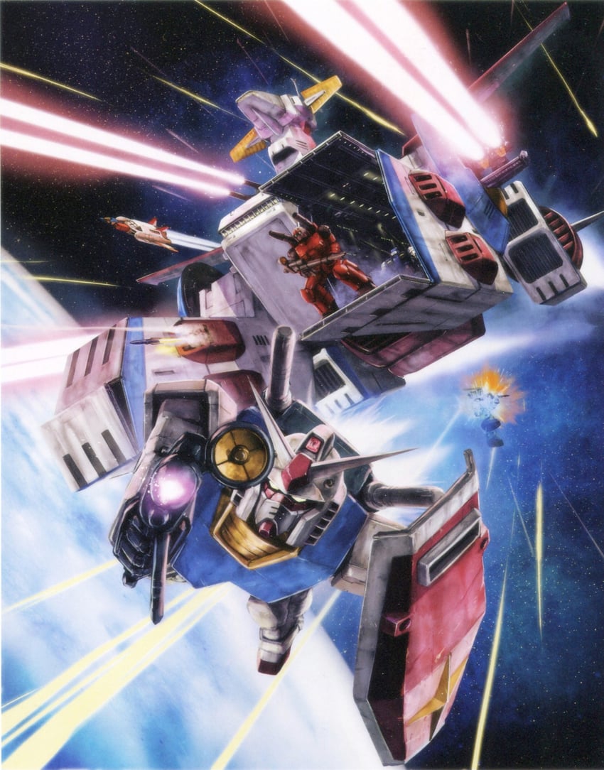 rx-78-2 gundam, zaku ii, guncannon, white base, core fighter, and 1 more (gundam and 1 more) drawn by tenjin_hidetaka