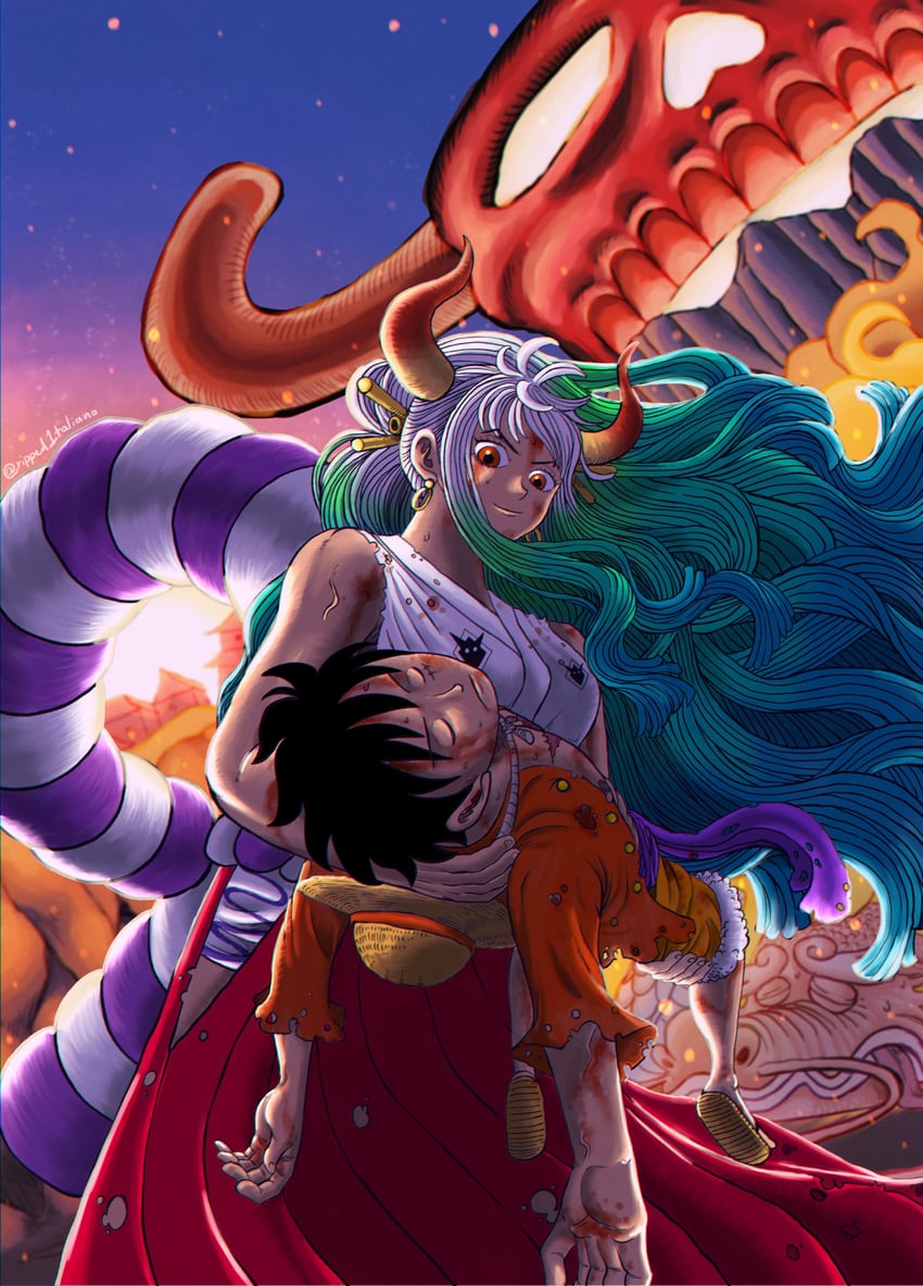 monkey d. luffy, yamato, and kouzuki momonosuke (one piece) drawn by ripped1taliano