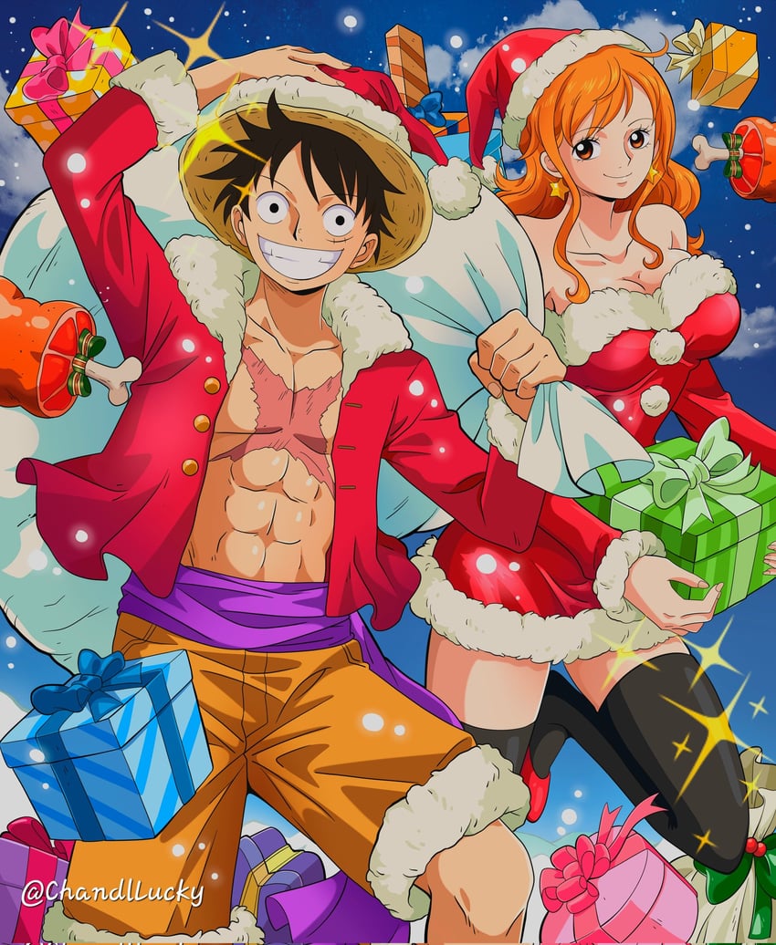 nami and monkey d. luffy (one piece) drawn by chandllucky