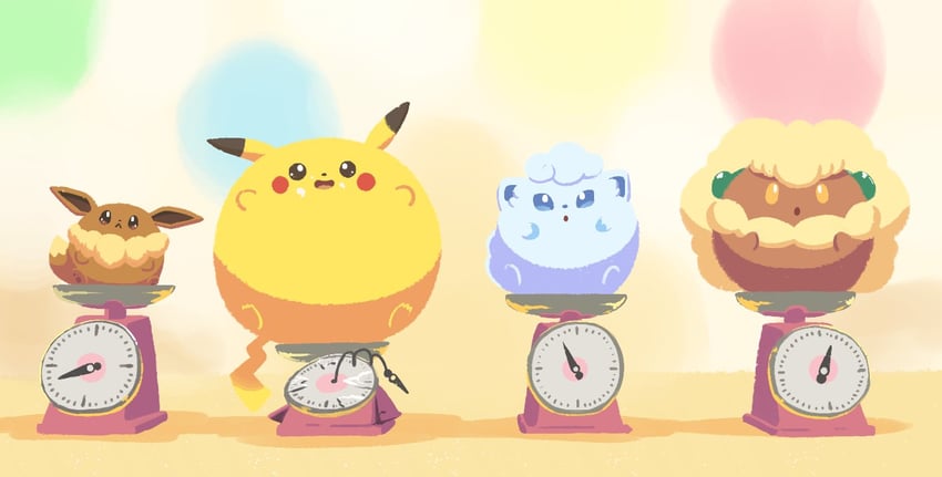 pikachu, eevee, alolan vulpix, and whimsicott (pokemon and 2 more) drawn by aquabluu