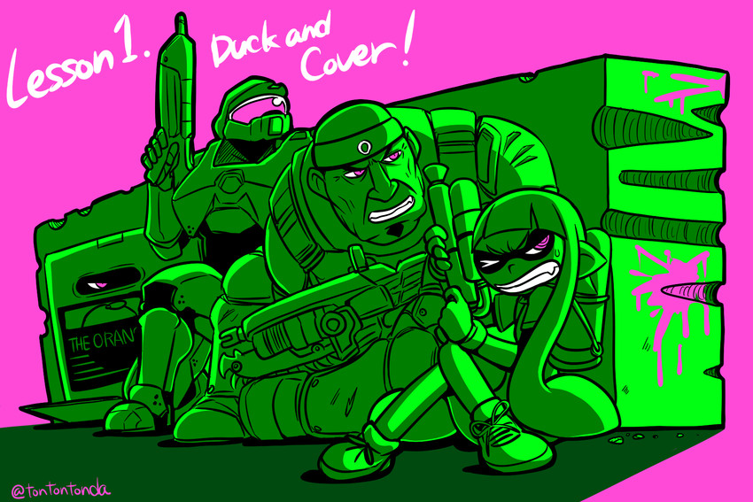 inkling player character, inkling girl, solid snake, master chief, and marcus fenix (splatoon and 4 more) drawn by tonda