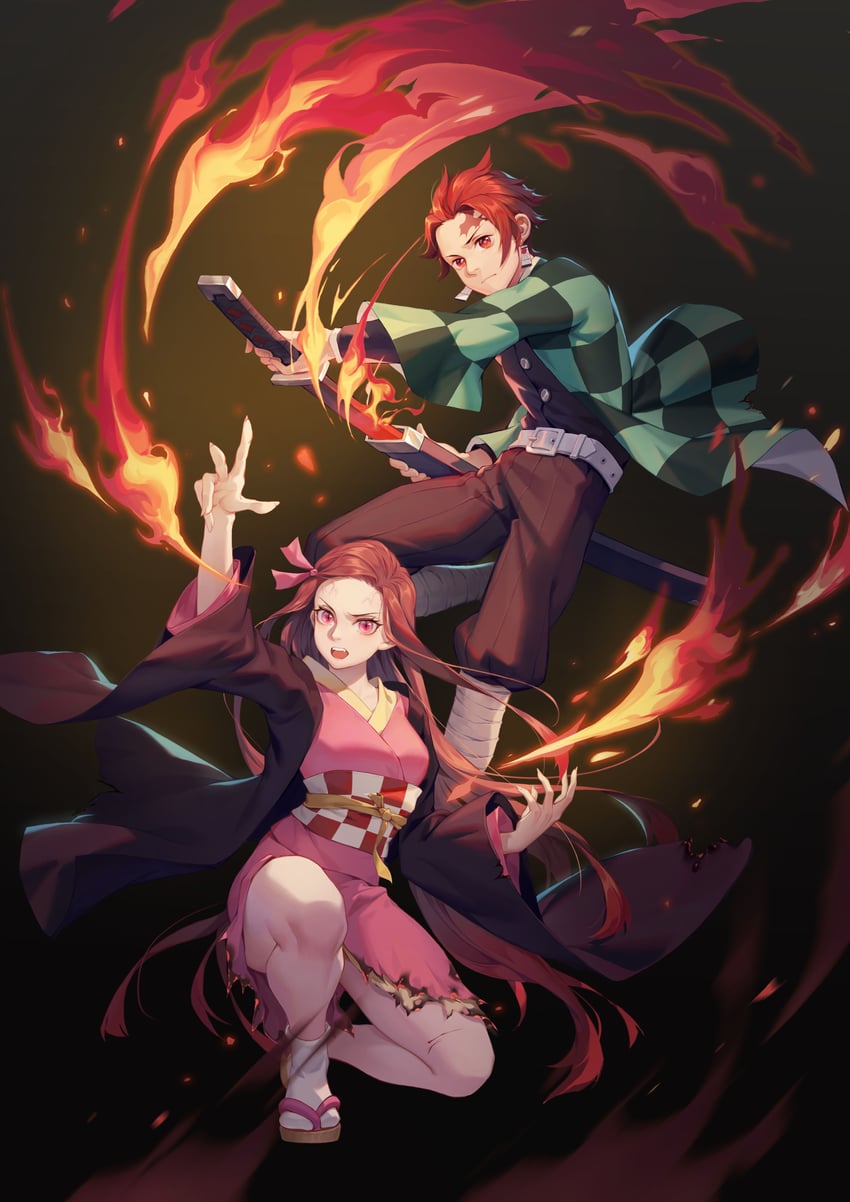 kamado nezuko and kamado tanjirou (kimetsu no yaiba) drawn by iimice