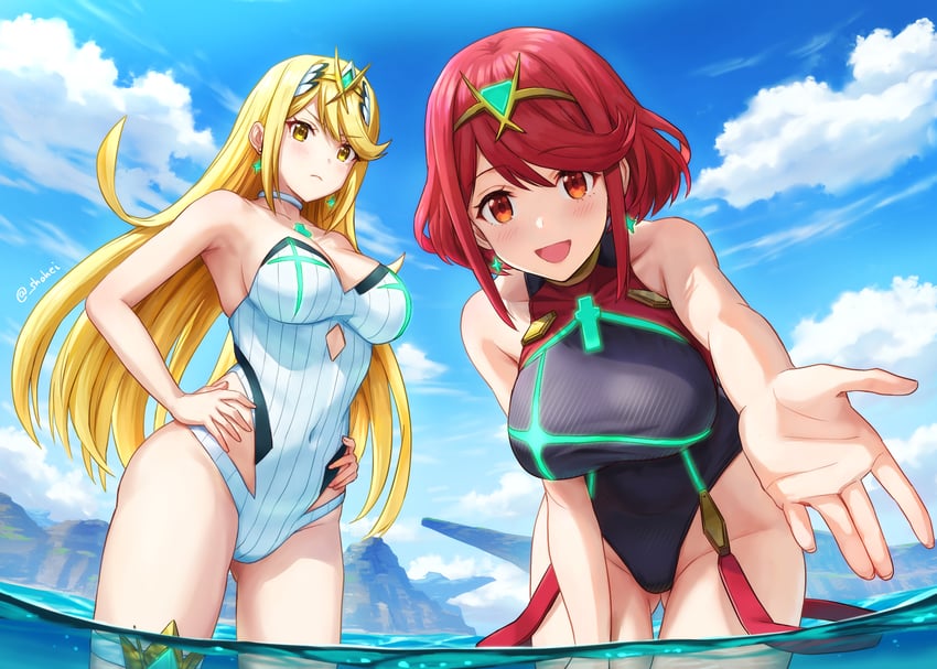 pyra and mythra (xenoblade chronicles and 1 more) drawn by shouhei