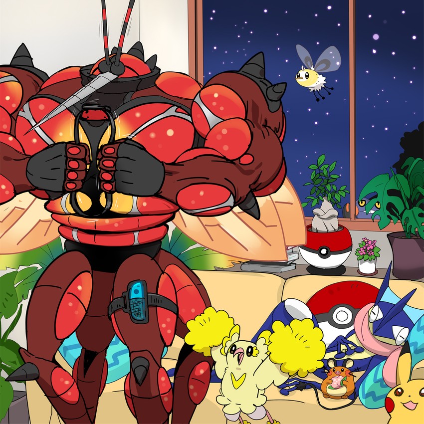 pikachu, greninja, dedenne, cutiefly, oricorio, and 1 more (pokemon and 1 more) drawn by mikami
