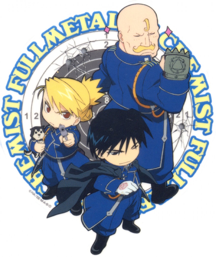 riza hawkeye, roy mustang, alex louis armstrong, and black hayate (fullmetal alchemist)
