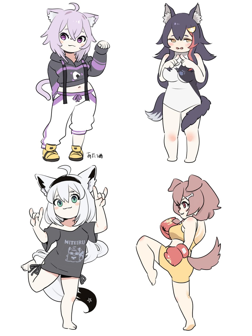 shirakami fubuki, nekomata okayu, ookami mio, and inugami korone (hololive) drawn by sickpoly7188