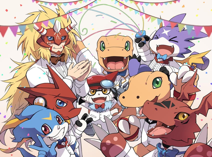 agumon, v-mon, guilmon, agnimon, gatchmon, and 1 more (digimon) drawn by lao_wen