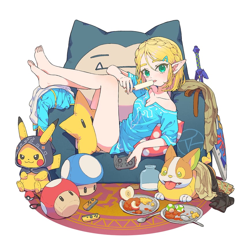 pikachu, princess zelda, snorlax, and yamper (pokemon and 4 more) drawn by rutiwa