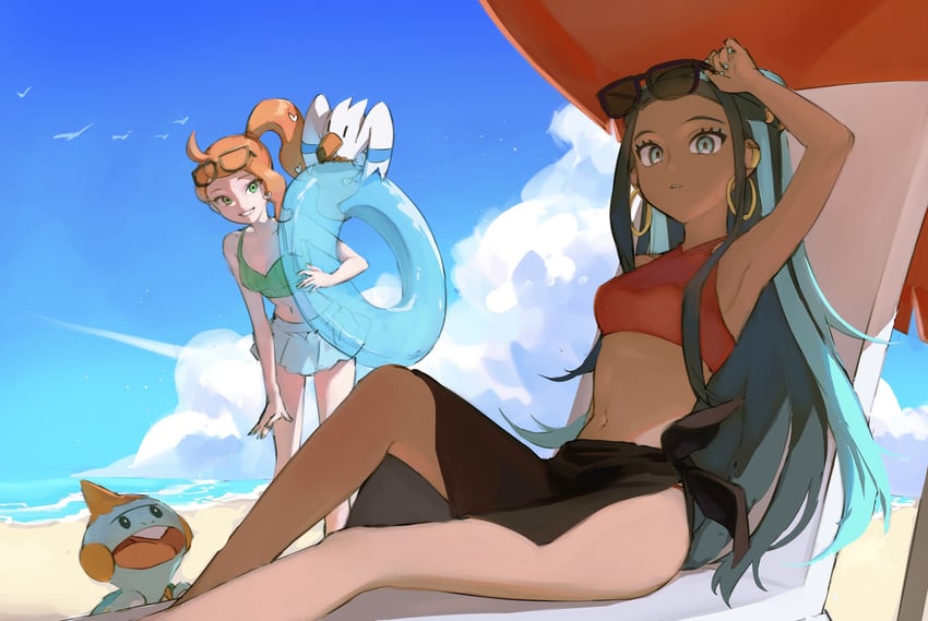 nessa, sonia, wingull, and chewtle (pokemon and 2 more) drawn by kyuuden_mikan