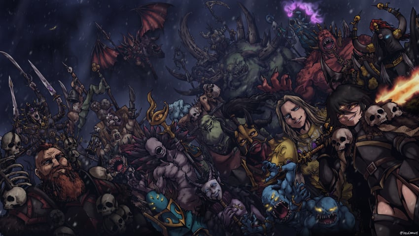 archaon the everchosen, sigvald the magnificent, valkia the bloody, wulfrik the wanderer, the changeling, and 13 more (warhammer fantasy) drawn by hellcross_(dkrejd2000)