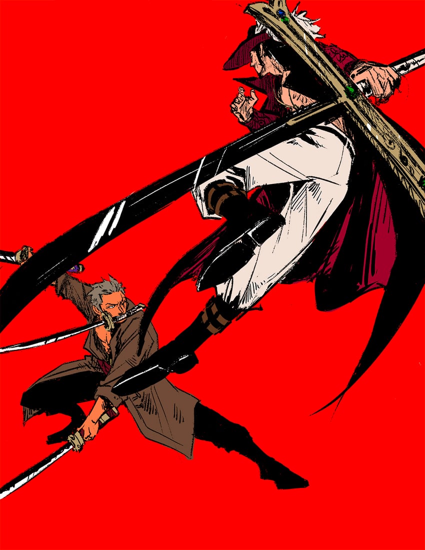 roronoa zoro and dracule mihawk (one piece) drawn by mugibaras