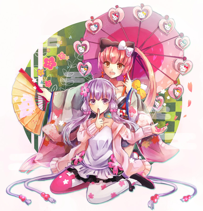 yuzuki yukari, hello kitty, and nekomura iroha (vocaloid and 3 more) drawn by suisetsu_mizuna