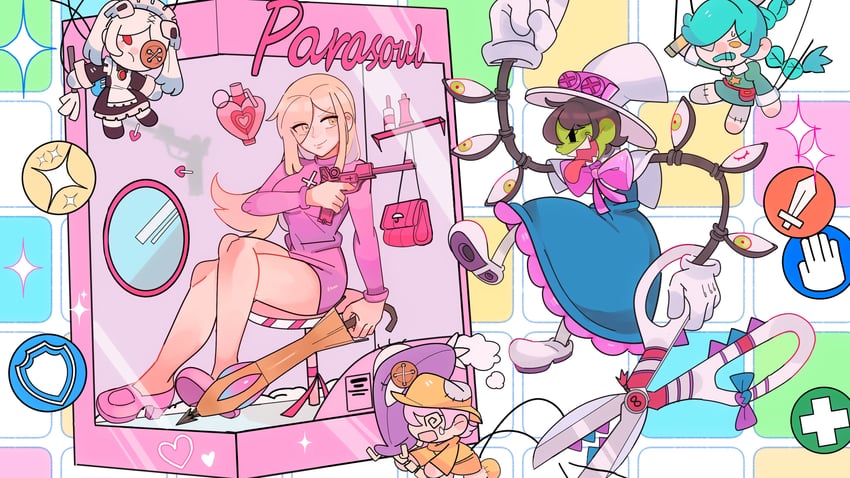 parasoul, peacock, bloody marie, barbie, annie, and 3 more (skullgirls and 1 more) drawn by mizudeppou_3776