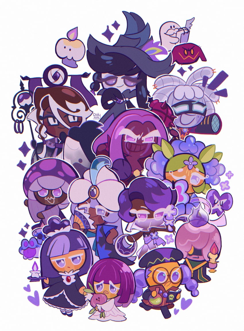 blackberry cookie, alchemist cookie, onion cookie, affogato cookie, lilac cookie, and 12 more (cookie run and 2 more) drawn by didy414