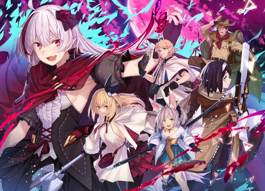 crim, freya, frey, hinagiku, lycoris, and 1 more (destiny unchain online: kyuuketsuki shoujo to natte yagate aka no maou to yobareru you ni narimashita) drawn by yachimoto