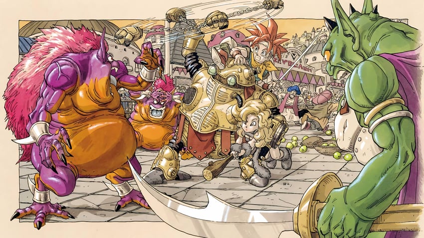 crono, ayla, and robo (chrono trigger) drawn by toriyama_akira