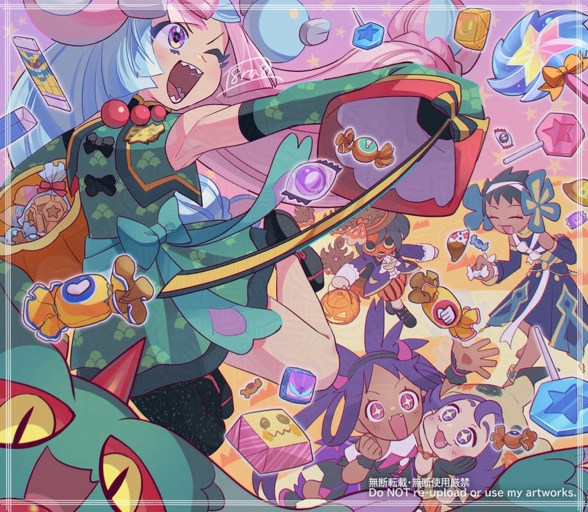 pumpkaboo, flutter mane, iono, iris, acerola, and 2 more (pokemon and 1 more) drawn by haraya