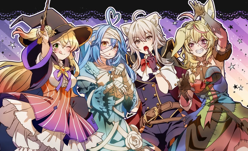 yukihana lamy, shishiro botan, omaru polka, and momosuzu nene (hololive) drawn by sushida_hayari