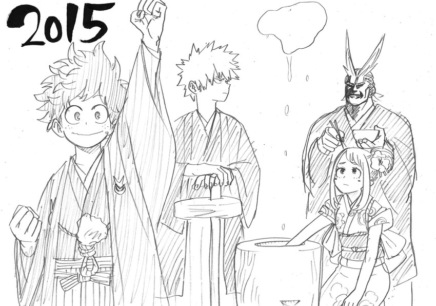 midoriya izuku, uraraka ochaco, bakugou katsuki, and all might (boku no hero academia) drawn by horikoshi_kouhei
