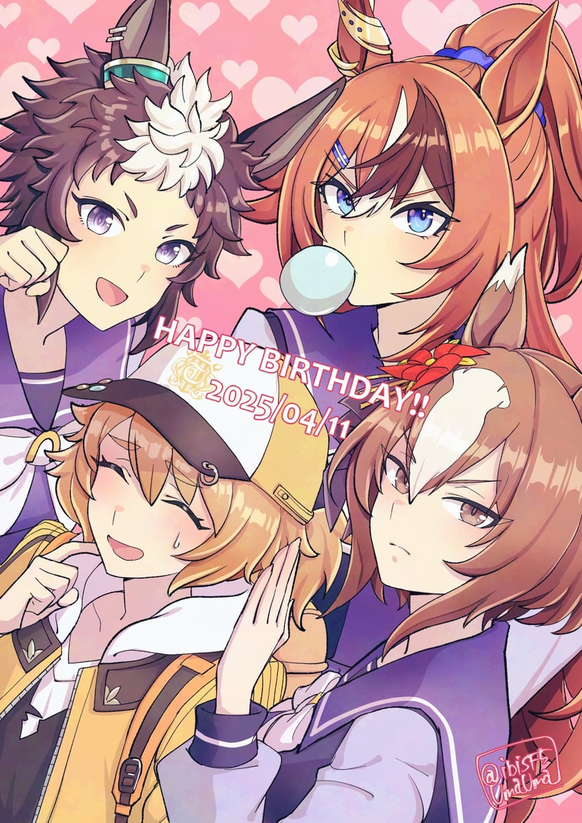 mejiro ryan, yaeno muteki, bubble gum fellow, and satake mei (umamusume) drawn by hi_(ibisf5umauma)