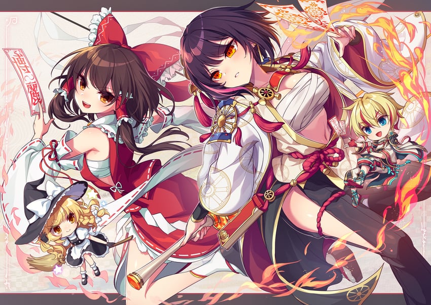 hakurei reimu, kirisame marisa, seina, and ryumei (touhou and 2 more) drawn by kozakura_(dictionary)
