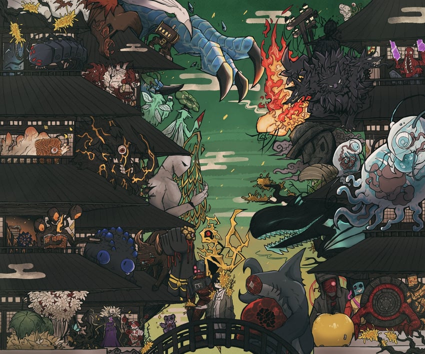 yi sang, drifting fox, hurting teddy bear, ardor blossom moth, dream-devouring siltcurrent, and 33 more (project moon and 1 more) drawn by nukegaralizard