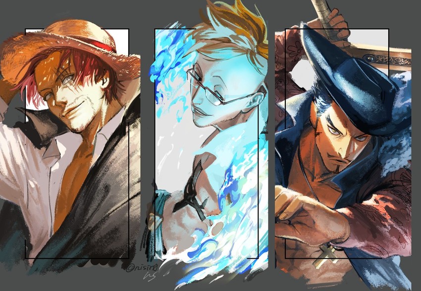 shanks, dracule mihawk, and marco (one piece) drawn by nisir0