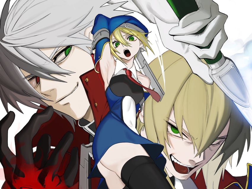 noel vermillion, ragna the bloodedge, and jin kisaragi (blazblue) drawn by umashio_potechi-san