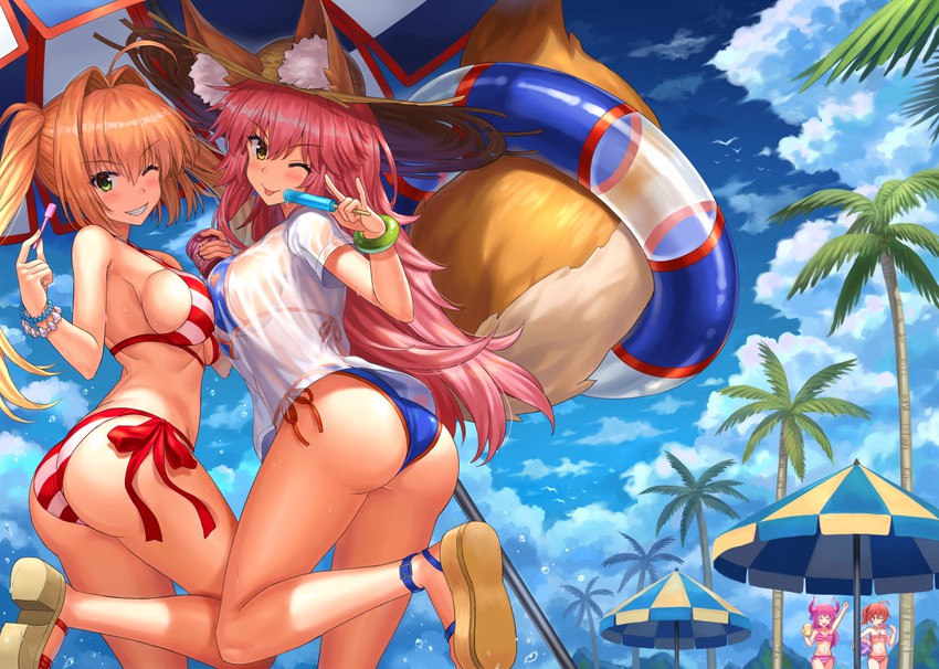 fujimaru ritsuka, tamamo, nero claudius, elizabeth bathory, and tamamo no mae (fate and 1 more) drawn by npcpepper