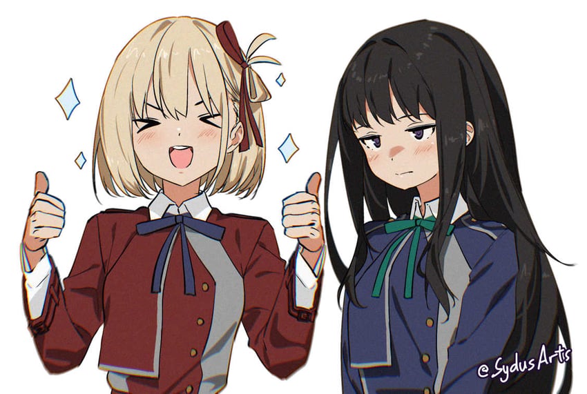 nishikigi chisato and inoue takina (lycoris recoil) drawn by sydus