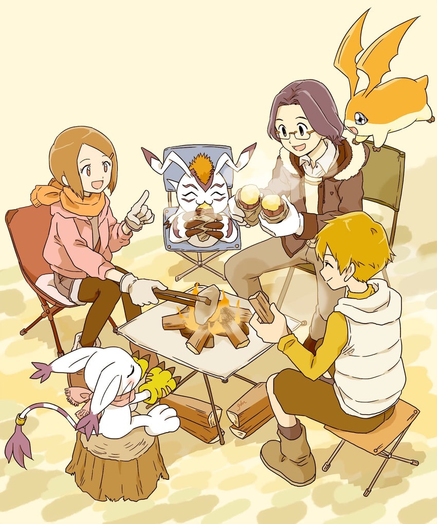 yagami hikari, tailmon, ishida yamato, patamon, kido jo, and 1 more (digimon and 1 more) drawn by gdn0522