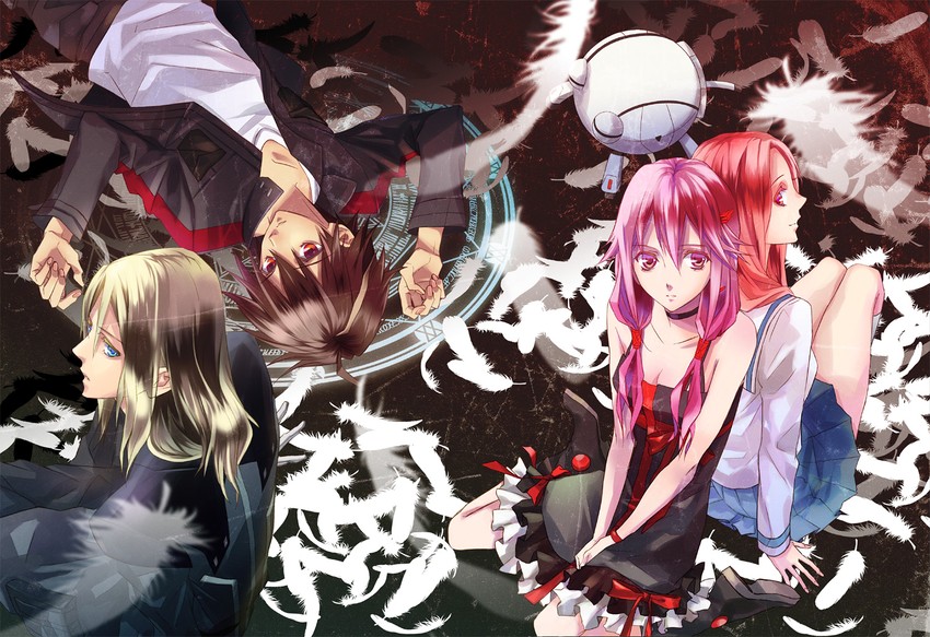 yuzuriha inori, ouma shuu, fyu-neru, tsutsugami gai, and ouma mana (guilty crown) drawn by yamatomia