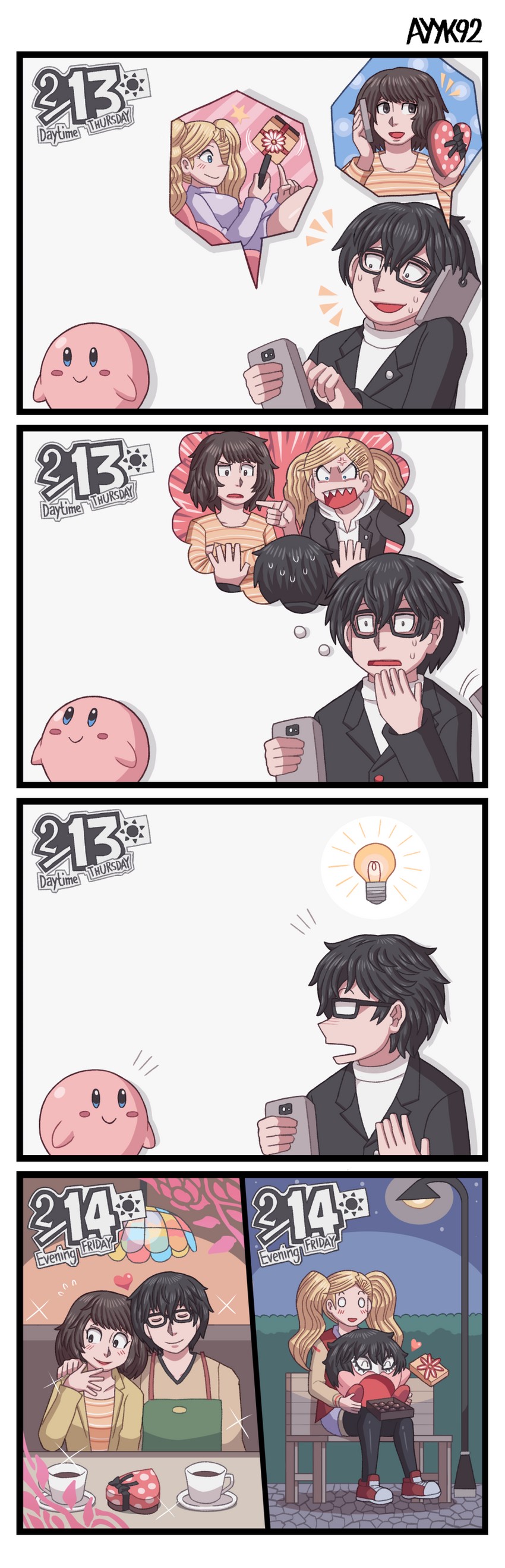 kirby, amamiya ren, takamaki anne, and kawakami sadayo (persona and 3 more) drawn by ayyk92