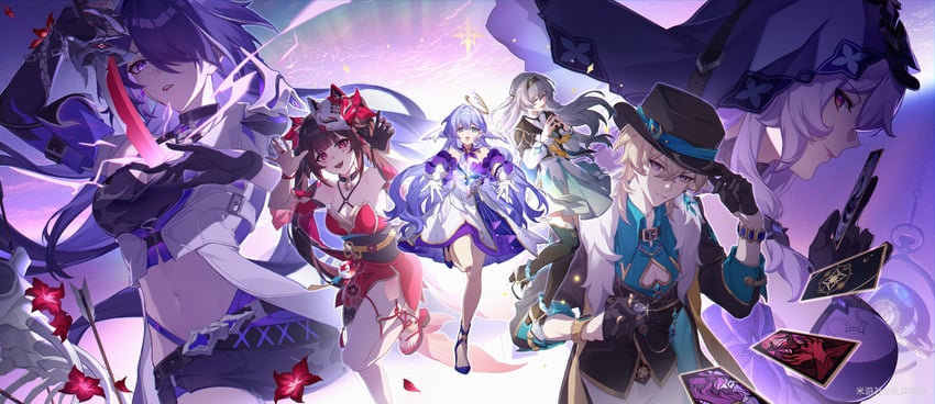 firefly, acheron, sparkle, robin, aventurine, and 1 more (honkai and 1 more) drawn by luanjingajing