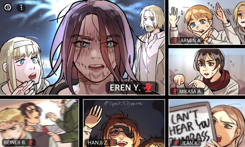 mikasa ackerman, eren yeager, levi, reiner braun, ymir, and 7 more (shingeki no kyojin) drawn by ilymir_ezgbora