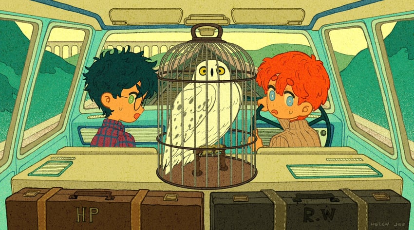 harry potter, ron weasley, and hedwig (wizarding world and 1 more) drawn by helen_jee