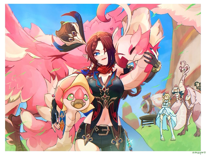 lumine, paimon, chasca, and qucusaurus (genshin impact) drawn by nmaywo