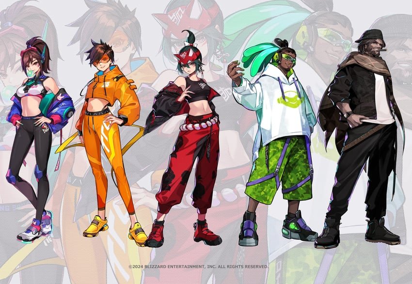 d.va, tracer, cassidy, kiriko, and lucio (overwatch and 2 more) drawn by pokimari