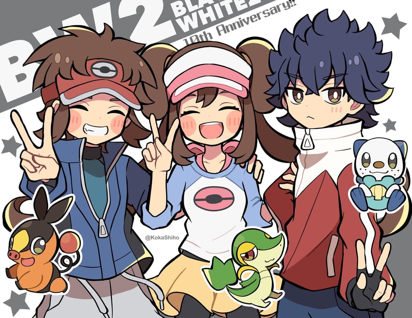 rosa, oshawott, snivy, tepig, nate, and 1 more (pokemon and 1 more) drawn by kokashiho