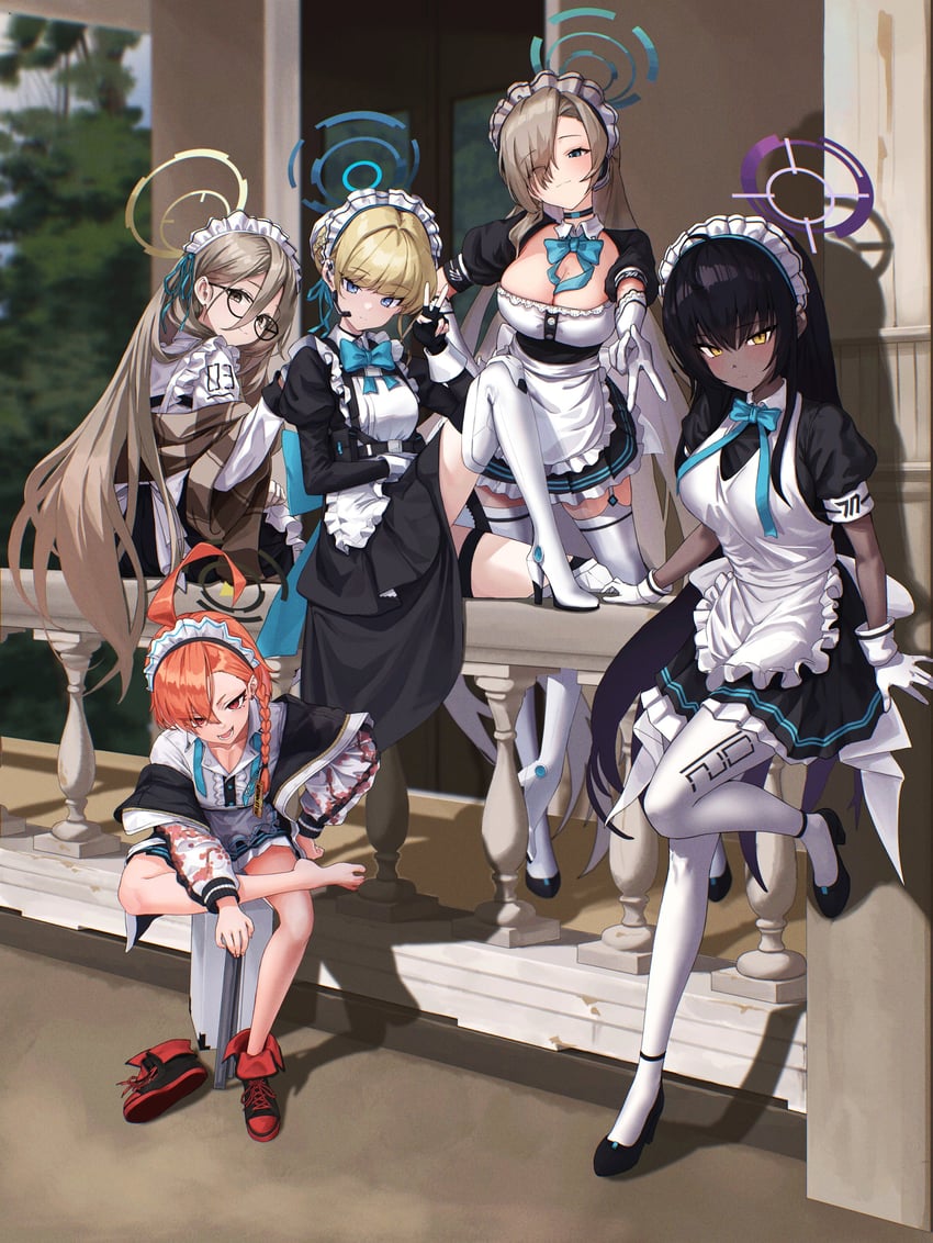 asuna, toki, karin, neru, and akane (blue archive) drawn by owl_pencil