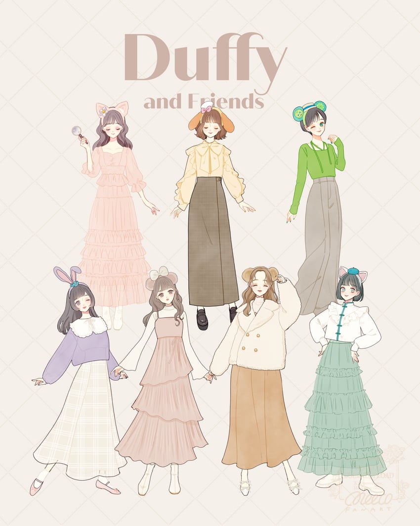 duffy the disney bear, shelliemay, stellalou, gelatoni, cookieann, and 2 more (duffy and friends) drawn by meecosme